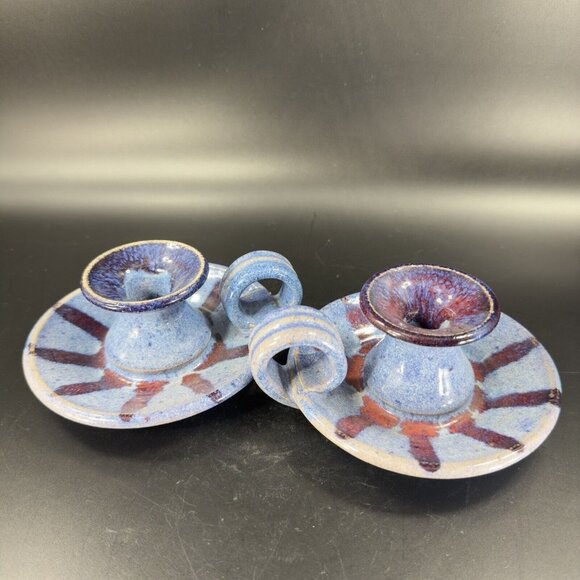 Hand Made Studio Art Pottery Candle Stick Holder Set 2 Multicolor Drop Glaze VTG - Picture 14 of 15